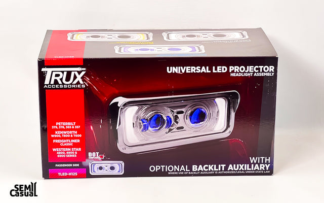 Trux Universal LED Projector Headlight Assembly with Optional Backlit Auxiliary – Chrome (Passenger Side)